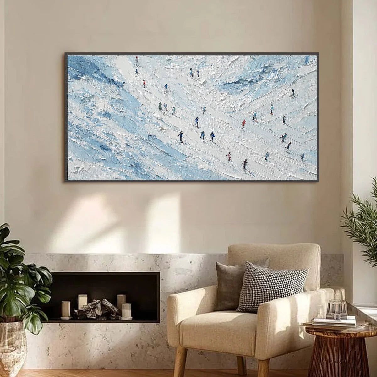 ALPINE DESCENT: Textured Impasto Painting of Skiers on a Snowy Mountain | black frame version on white wall