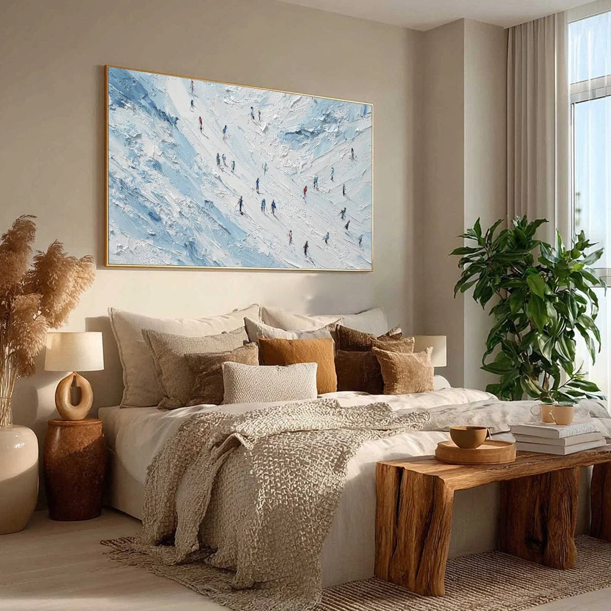 ALPINE DESCENT: Textured Impasto Painting of Skiers on a Snowy Mountain | multi palette, original office art