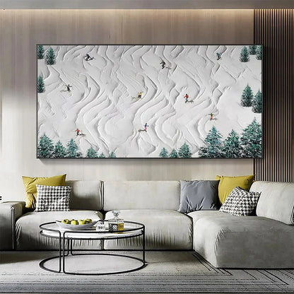 ALPINE DREAMS: Textured Skiing Painting, Winter Sports Wall Art, Panoramic Canvas, Snowy Mountain Decor | textured closeup, raised brushwork detail