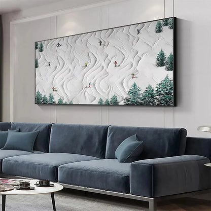 ALPINE DREAMS: Textured Skiing Painting, Winter Sports Wall Art, Panoramic Canvas, Snowy Mountain Decor | gold frame stretched on neutral wall