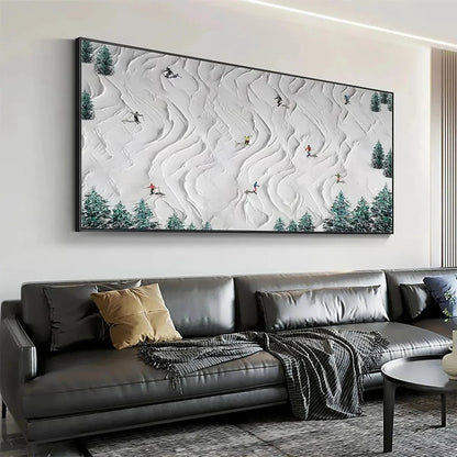 ALPINE DREAMS: Textured Skiing Painting, Winter Sports Wall Art, Panoramic Canvas, Snowy Mountain Decor | rolled canvas, ready for custom framing
