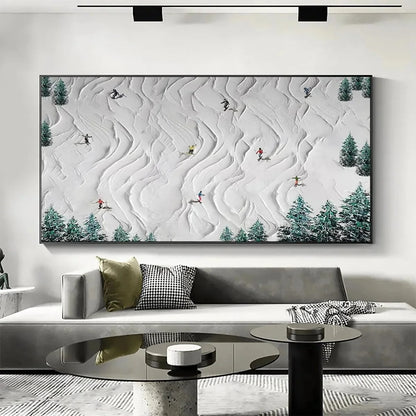 ALPINE DREAMS: Textured Skiing Painting, Winter Sports Wall Art, Panoramic Canvas, Snowy Mountain Decor | textured mood, soft natural light studio shot