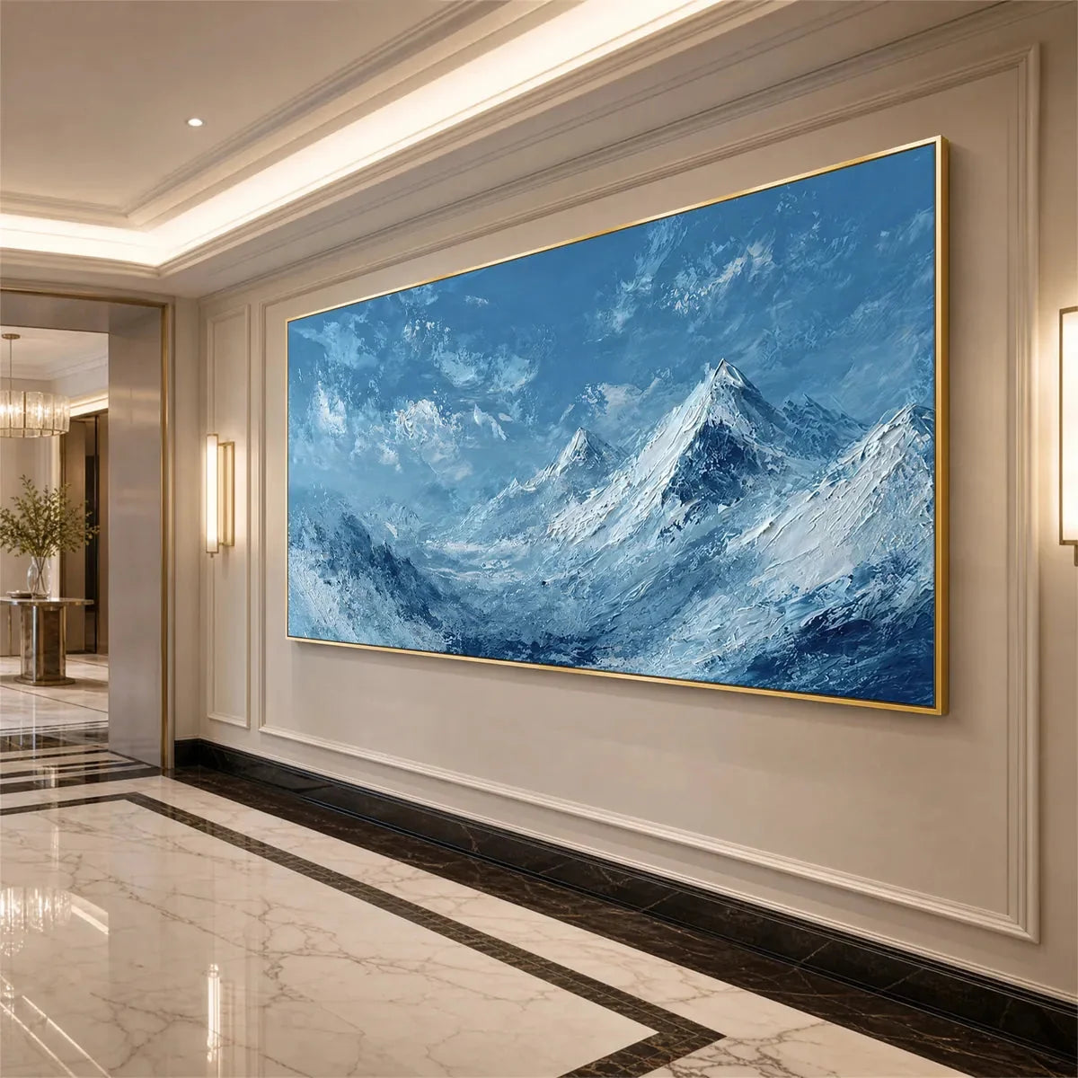 ALPINE ECHO: Textured Impasto Mountain Landscape Painting | gold frame stretched on neutral wall