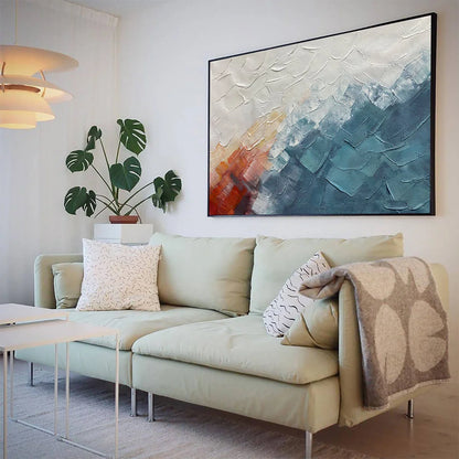 ALPINE GLOW: Abstract Mountain Impasto Oil Painting | gold frame stretched on neutral wall