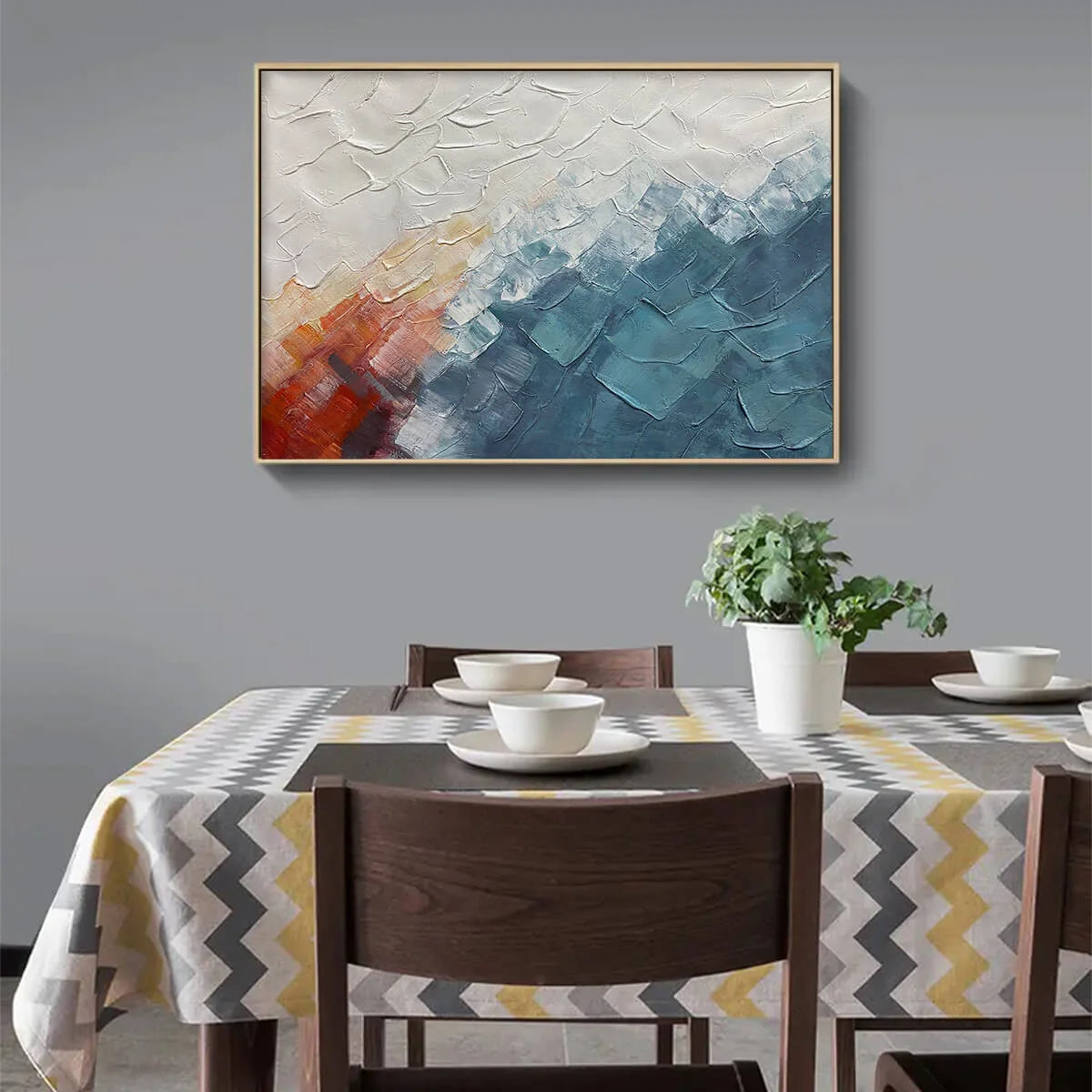 ALPINE GLOW: Abstract Mountain Impasto Oil Painting | black frame version on white wall
