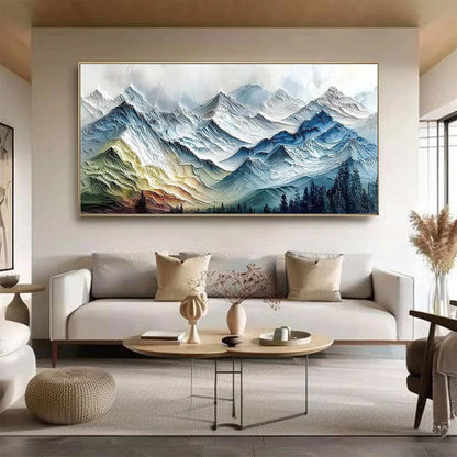ALPINE GLOW: Large Textured Impasto Mountain Range Wall Art | impasto closeup, raised brushwork detail