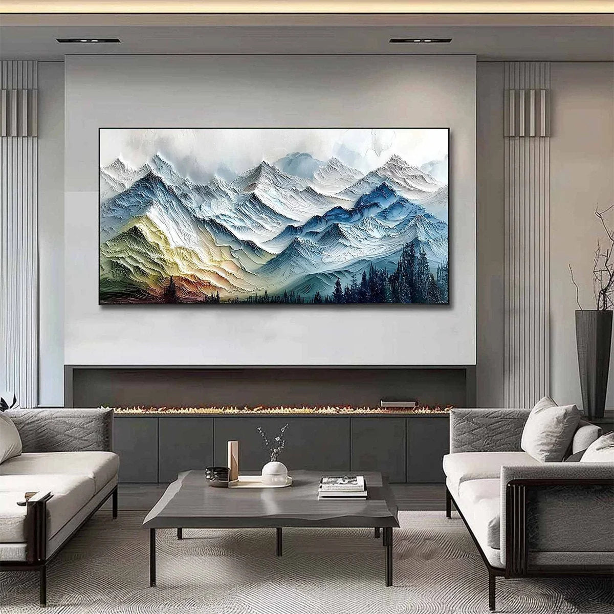 ALPINE GLOW: Large Textured Impasto Mountain Range Wall Art | gold frame stretched on neutral wall