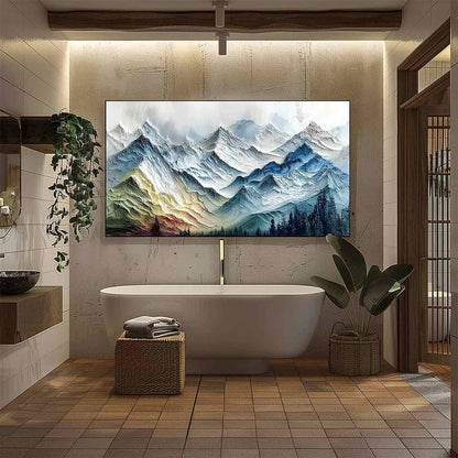 ALPINE GLOW: Large Textured Impasto Mountain Range Wall Art | black frame version on white wall
