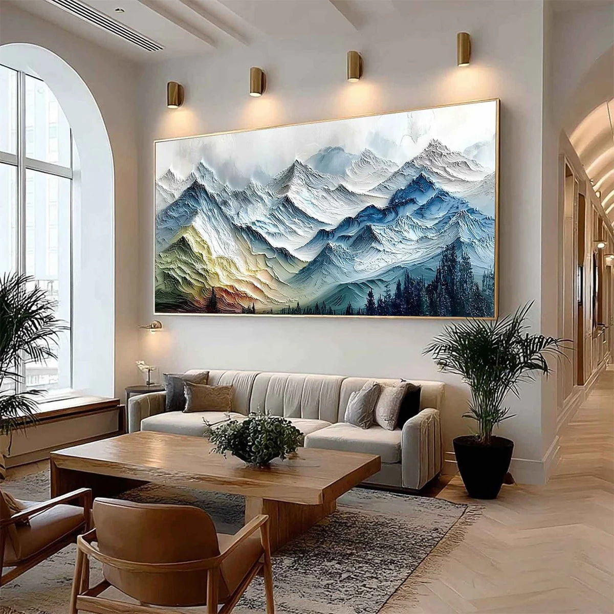 ALPINE GLOW: Large Textured Impasto Mountain Range Wall Art | impasto mood, soft natural light studio shot