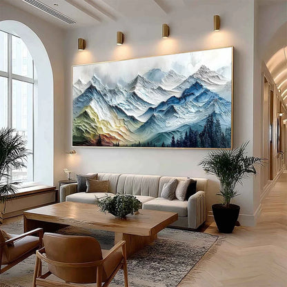 ALPINE GLOW: Large Textured Impasto Mountain Range Wall Art | impasto mood, soft natural light studio shot