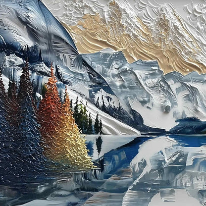 ALPINE GLOW: Textured Mountain Lake Impasto Landscape Painting | rectangular format, hand-painted canvas edge