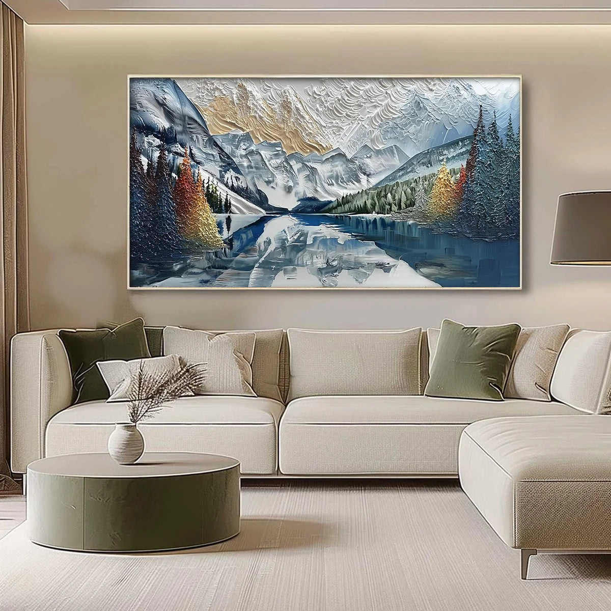 ALPINE GLOW: Textured Mountain Lake Impasto Landscape Painting | gold frame stretched on neutral wall