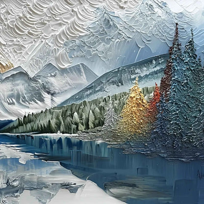ALPINE GLOW: Textured Mountain Lake Impasto Landscape Painting | rolled canvas, ready for custom framing