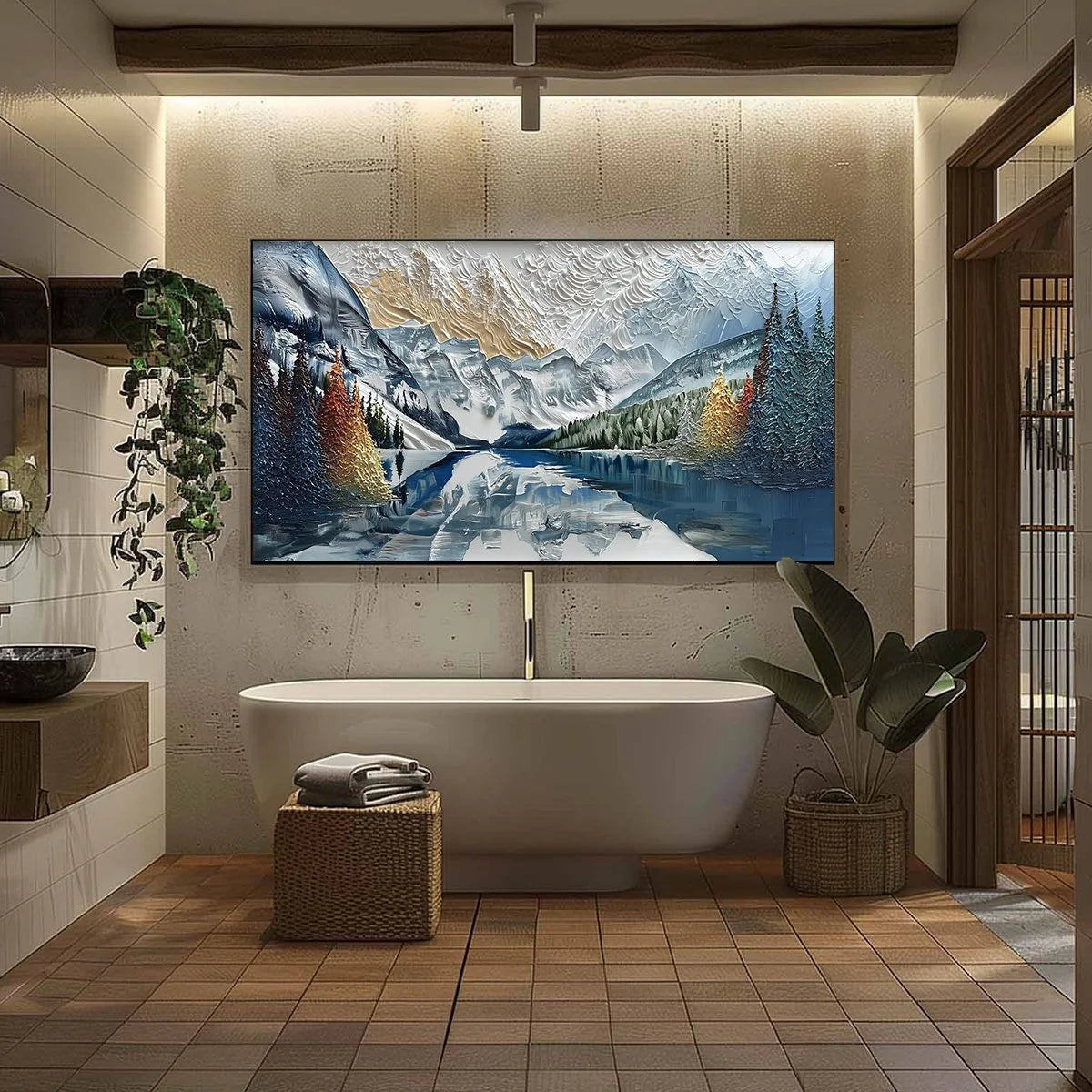 ALPINE GLOW: Textured Mountain Lake Impasto Landscape Painting | black frame version on white wall