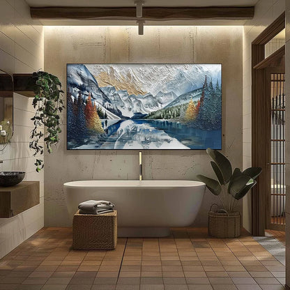 ALPINE GLOW: Textured Mountain Lake Impasto Landscape Painting | black frame version on white wall