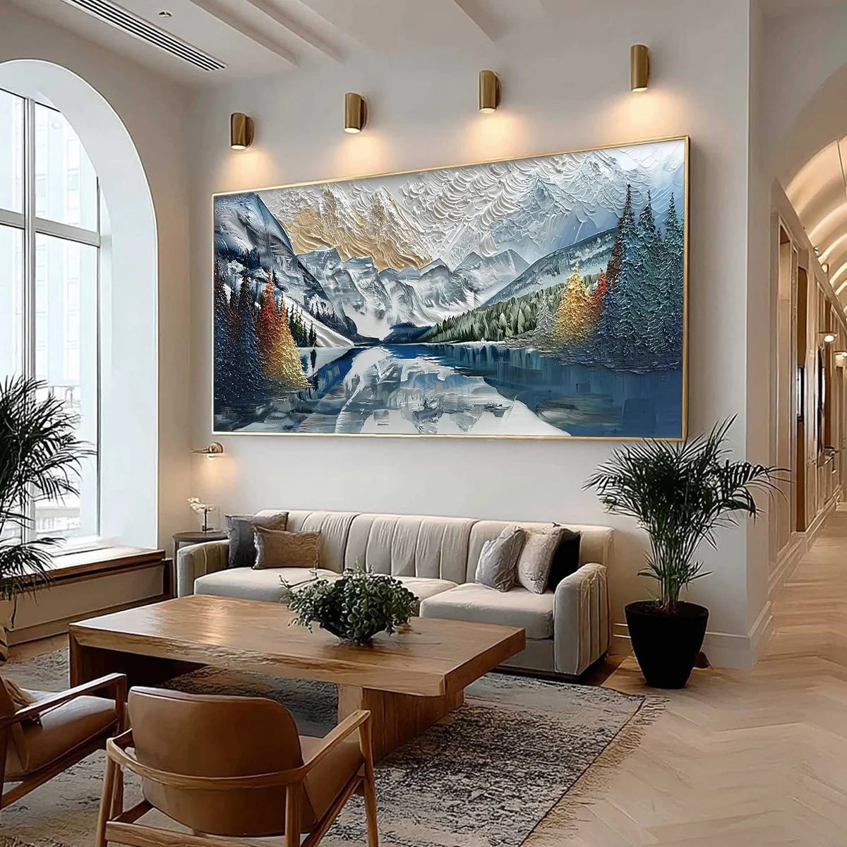 ALPINE GLOW: Textured Mountain Lake Impasto Landscape Painting | impasto mood, soft natural light studio shot