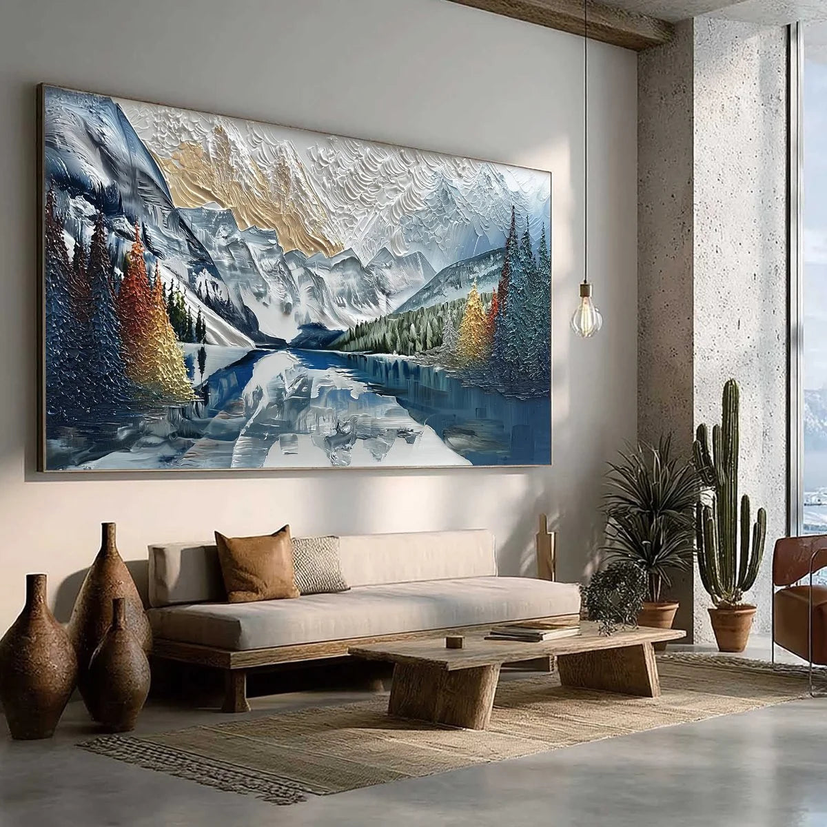 ALPINE GLOW: Textured Mountain Lake Impasto Landscape Painting | blue palette, original bedroom art