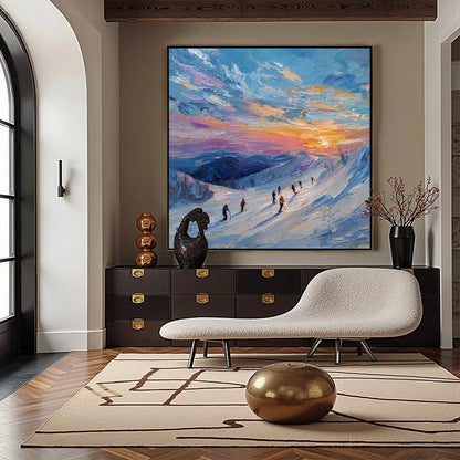 ALPINE GLOW: Textured Palette Knife Skiing Mountain Landscape Painting | palette knife closeup, raised brushwork detail