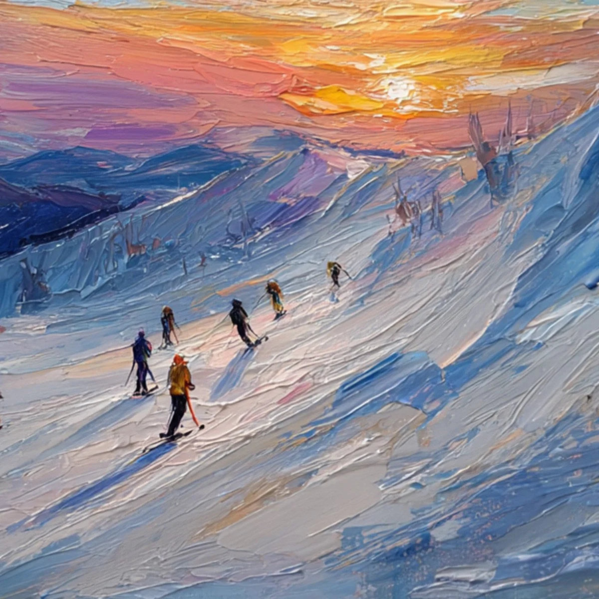ALPINE GLOW: Textured Palette Knife Skiing Mountain Landscape Painting | rectangular format, hand-painted canvas edge