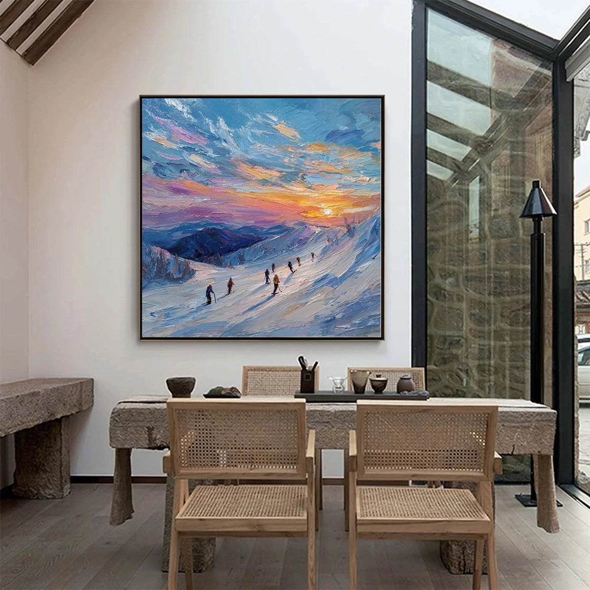 ALPINE GLOW: Textured Palette Knife Skiing Mountain Landscape Painting | gold frame stretched on neutral wall