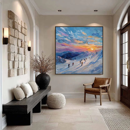 ALPINE GLOW: Textured Palette Knife Skiing Mountain Landscape Painting | black frame version on white wall