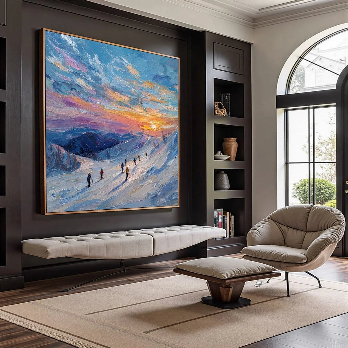 ALPINE GLOW: Textured Palette Knife Skiing Mountain Landscape Painting | palette knife mood, soft natural light studio shot