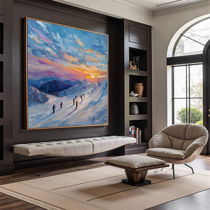 ALPINE GLOW: Textured Palette Knife Skiing Mountain Landscape Painting | palette knife mood, soft natural light studio shot