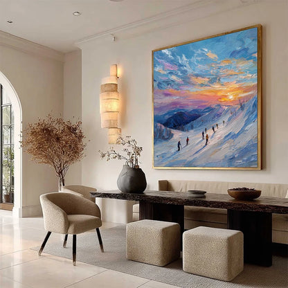 ALPINE GLOW: Textured Palette Knife Skiing Mountain Landscape Painting | multi palette, original office art