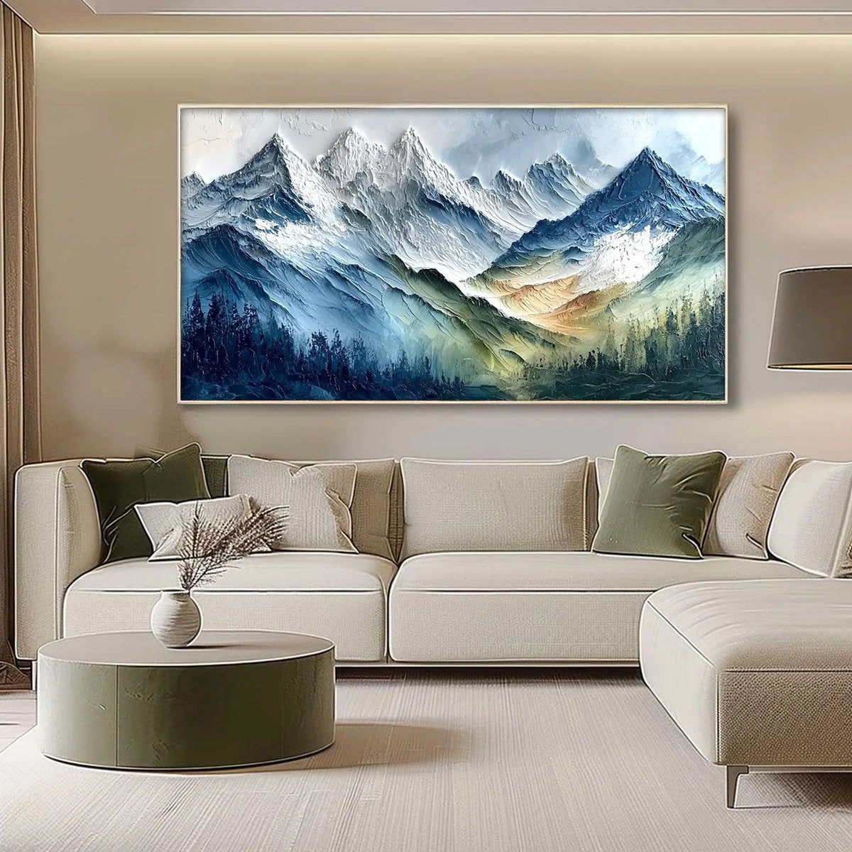 ALPINE MAJESTY: Textured Impasto Mountain Range Landscape Painting | gold frame stretched on neutral wall