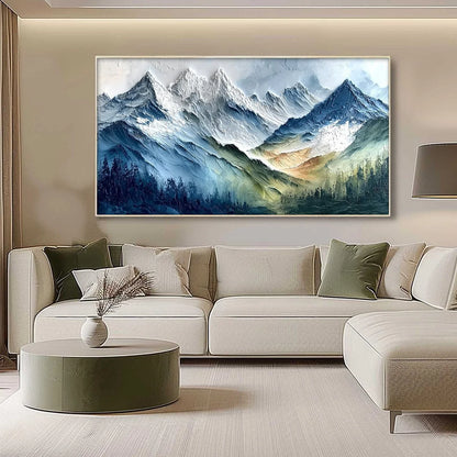 ALPINE MAJESTY: Textured Impasto Mountain Range Landscape Painting | gold frame stretched on neutral wall