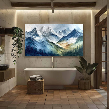 ALPINE MAJESTY: Textured Impasto Mountain Range Landscape Painting | black frame version on white wall