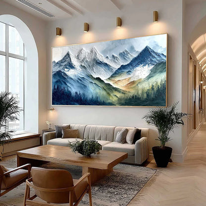 ALPINE MAJESTY: Textured Impasto Mountain Range Landscape Painting | impasto mood, soft natural light studio shot