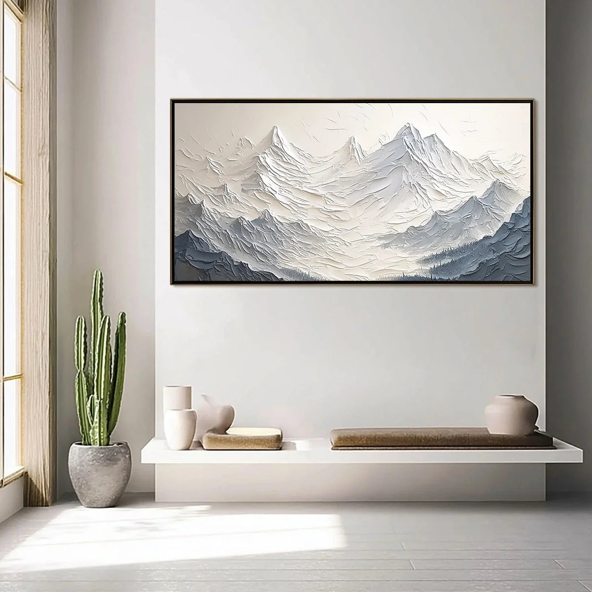 ALPINE MAJESTY: Textured Minimalist Mountain Painting | minimalist closeup, raised brushwork detail