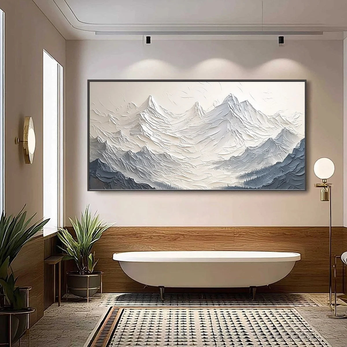 ALPINE MAJESTY: Textured Minimalist Mountain Painting | gold frame stretched on neutral wall