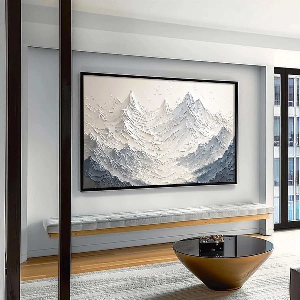 ALPINE MAJESTY: Textured Minimalist Mountain Painting | minimalist mood, soft natural light studio shot