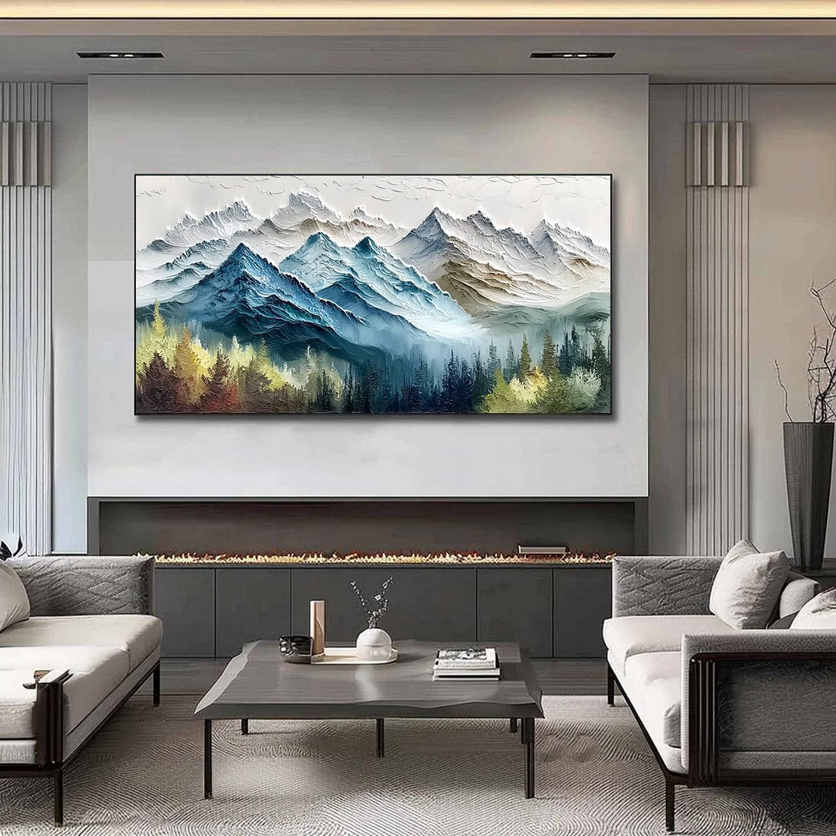 ALPINE MAJESTY: Textured Mountain and Forest Landscape Painting | textured closeup, raised brushwork detail