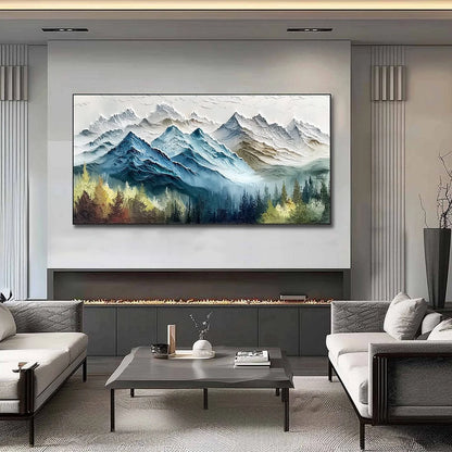 ALPINE MAJESTY: Textured Mountain and Forest Landscape Painting | textured closeup, raised brushwork detail