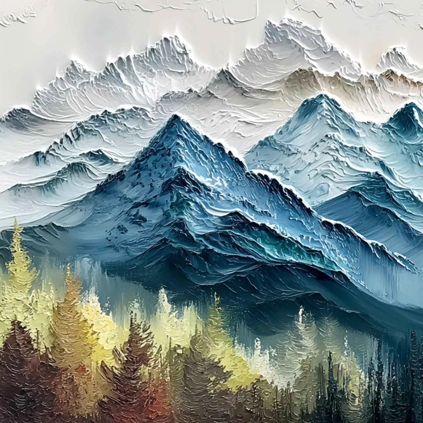 ALPINE MAJESTY: Textured Mountain and Forest Landscape Painting | rectangular format, hand-painted canvas edge