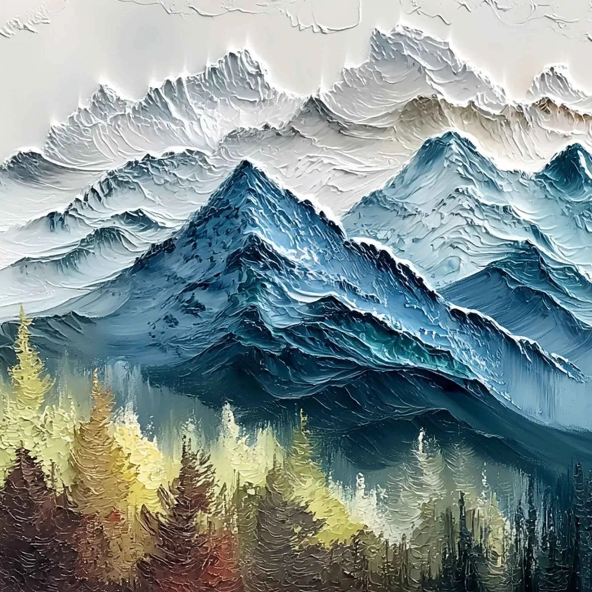 ALPINE MAJESTY: Textured Mountain and Forest Landscape Painting | rectangular format, hand-painted canvas edge