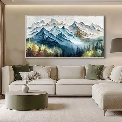 ALPINE MAJESTY: Textured Mountain and Forest Landscape Painting | gold frame stretched on neutral wall