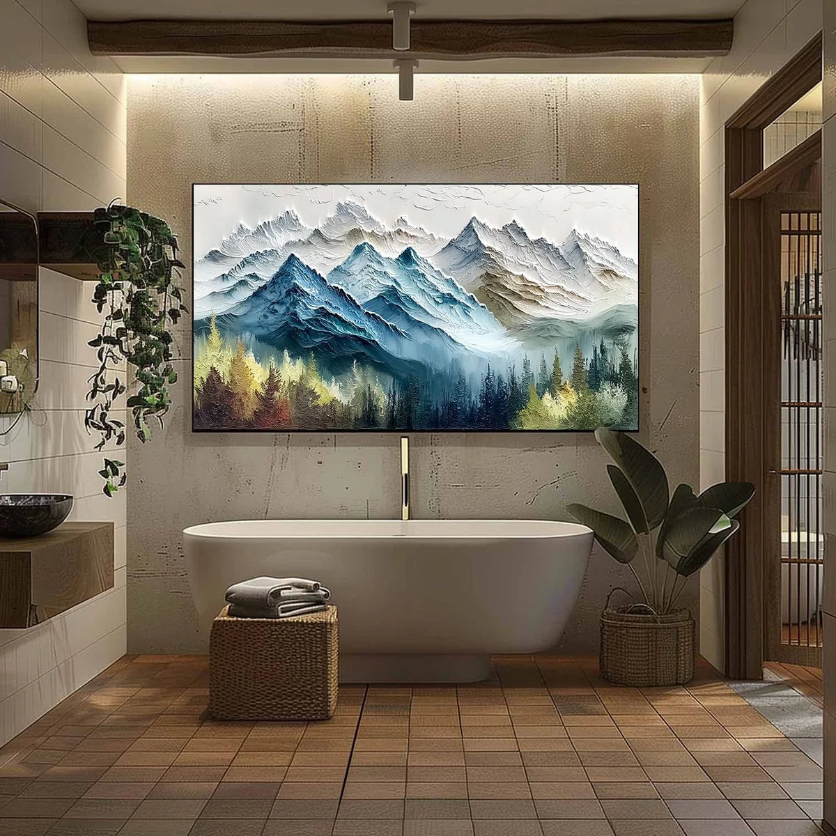 ALPINE MAJESTY: Textured Mountain and Forest Landscape Painting | black frame version on white wall