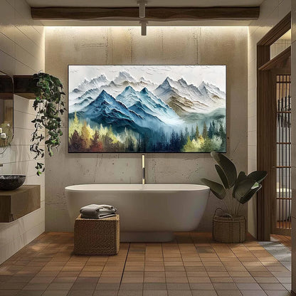 ALPINE MAJESTY: Textured Mountain and Forest Landscape Painting | black frame version on white wall