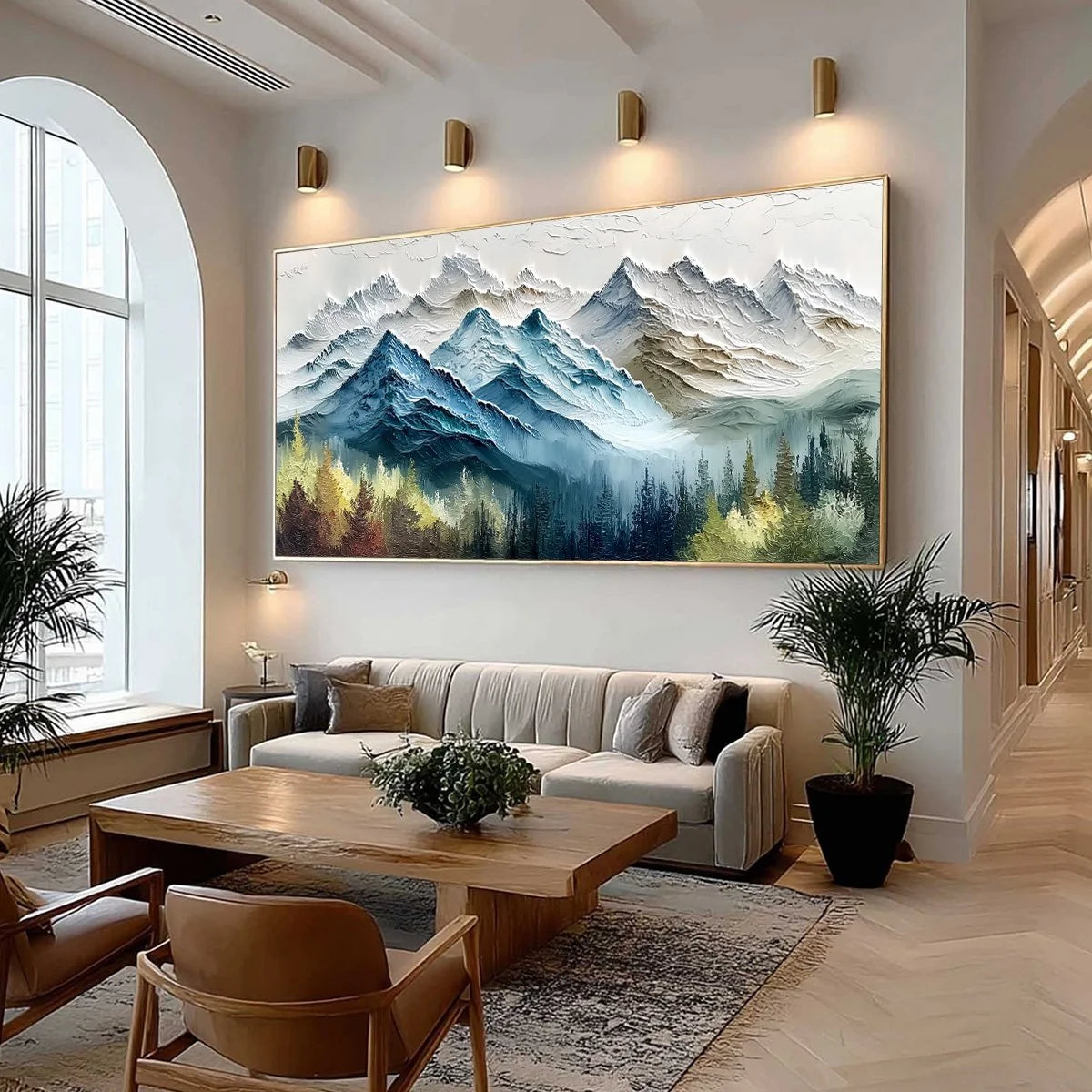 ALPINE MAJESTY: Textured Mountain and Forest Landscape Painting | textured mood, soft natural light studio shot