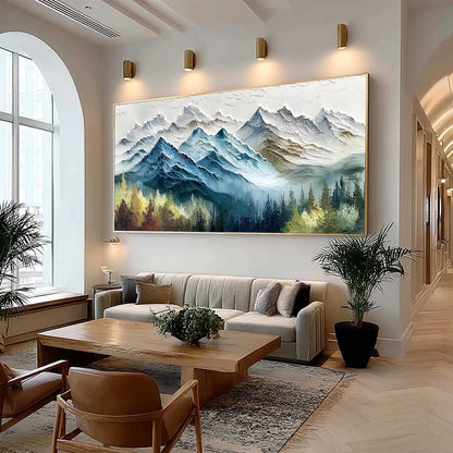 ALPINE MAJESTY: Textured Mountain and Forest Landscape Painting | textured mood, soft natural light studio shot