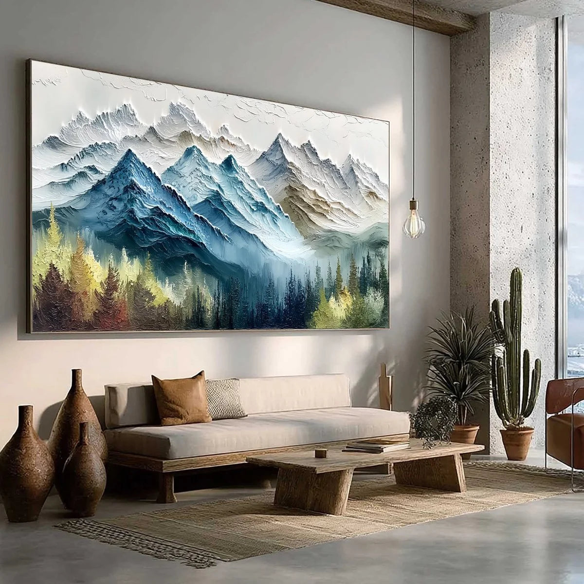 ALPINE MAJESTY: Textured Mountain and Forest Landscape Painting | green palette, original bedroom art