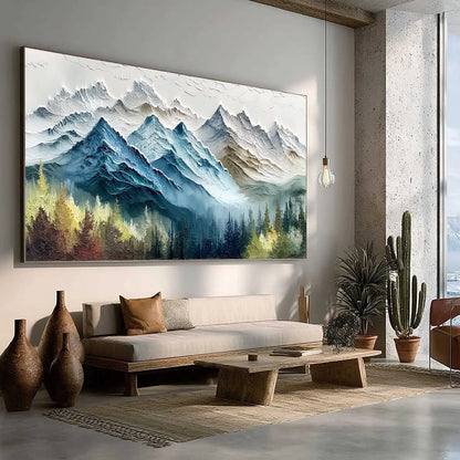 ALPINE MAJESTY: Textured Mountain and Forest Landscape Painting | green palette, original bedroom art
