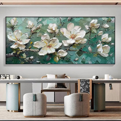 JADE MAGNOLIAS | texture detail, palette knife marks visible