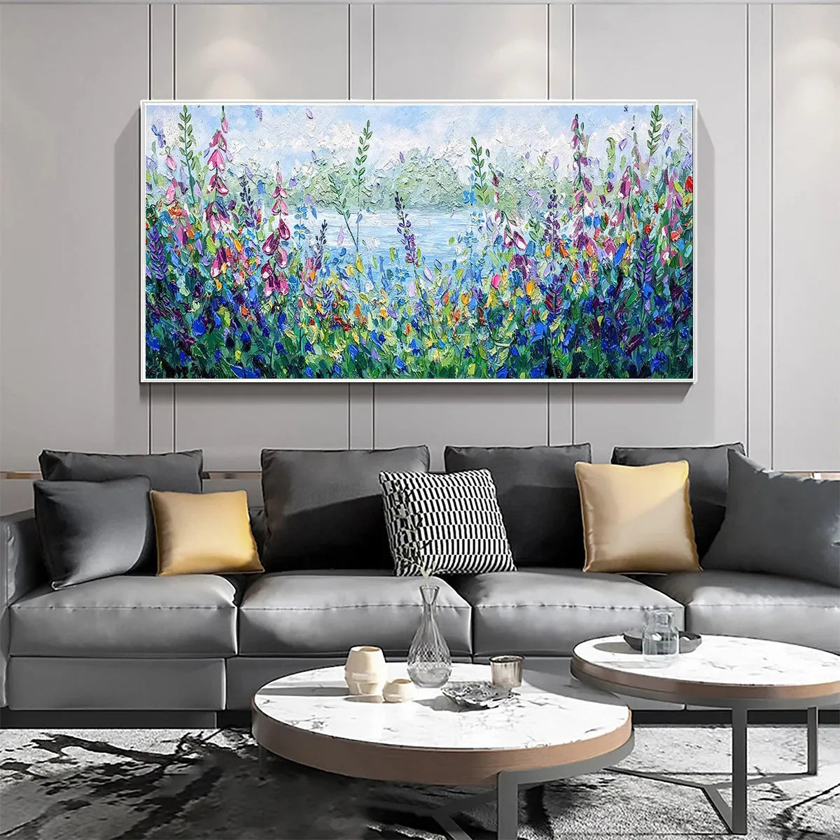 ALPINE MEADOW: Impasto Landscape Oil Painting with Wildflowers and Lake View | impasto closeup, raised brushwork detail