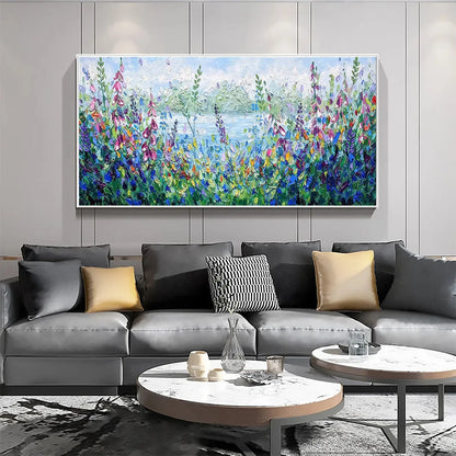 ALPINE MEADOW: Impasto Landscape Oil Painting with Wildflowers and Lake View | impasto closeup, raised brushwork detail