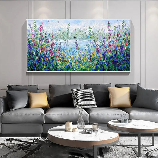 ALPINE MEADOW: Impasto Landscape Oil Painting with Wildflowers and Lake View